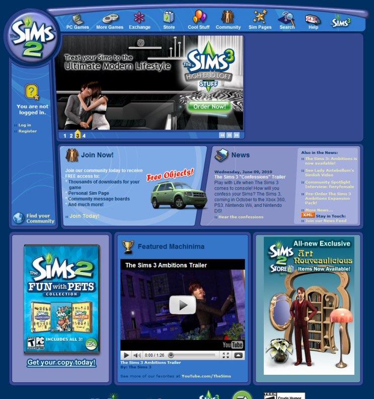 The Sims 2 website. All the elements are blue and indigo and rounded and fun. The navbar uses icons from the game itself.